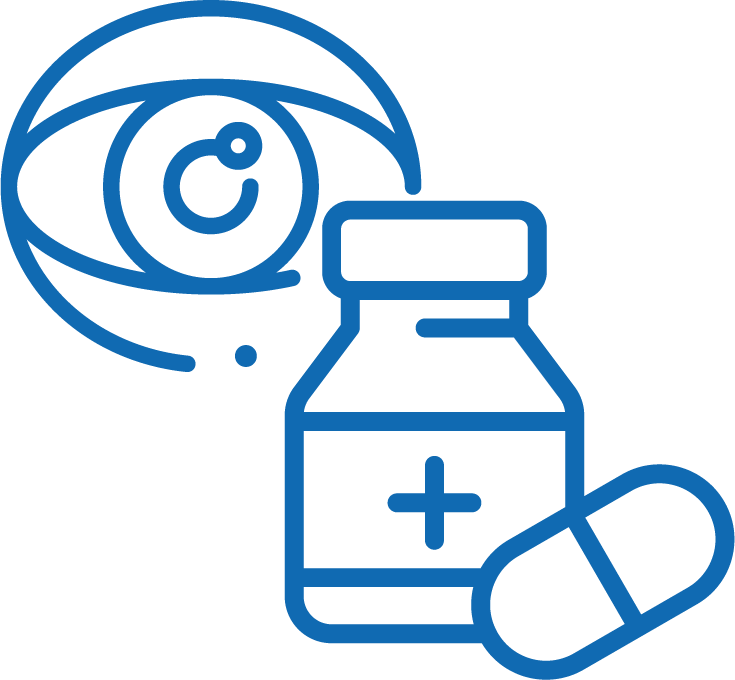 Ícone de um olho e uma caixa de medicamentos que representa o mercado ótica e farmácia